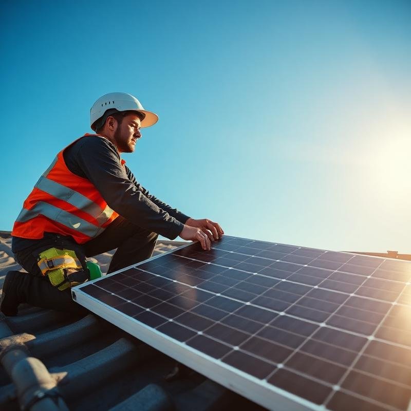 Solar panel installation under a bright sky