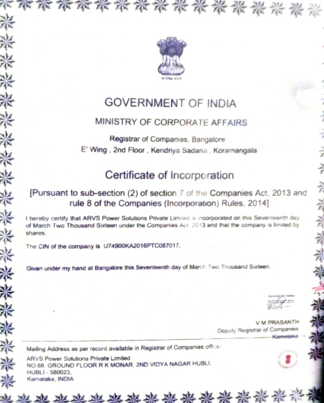 Certificate of Incorporation for ARVS Power Solutions Pvt. Ltd.